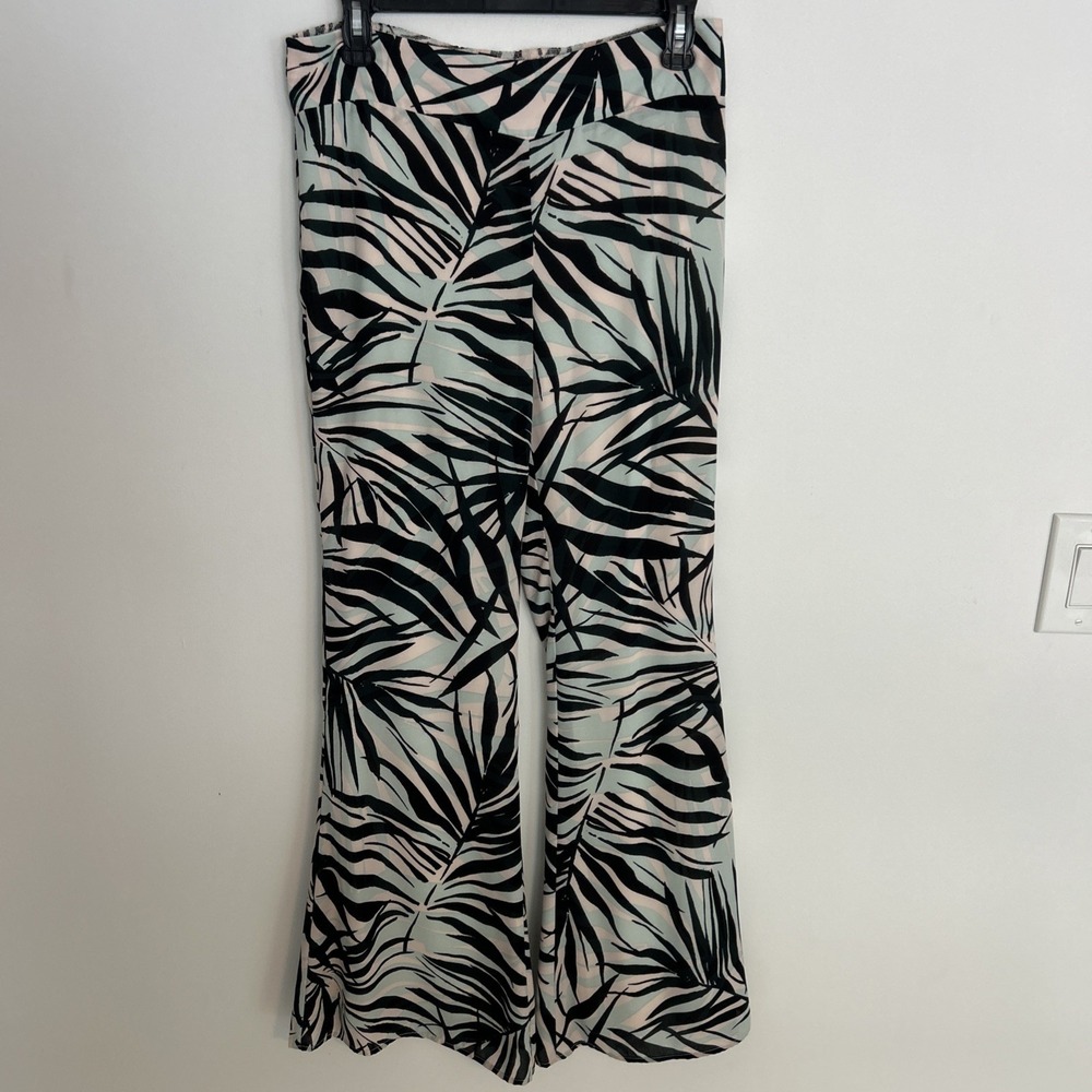 Design Lab Lord & Taylor‎ Wide Flare Leg Women's M Pants Black Pink Leaf Print